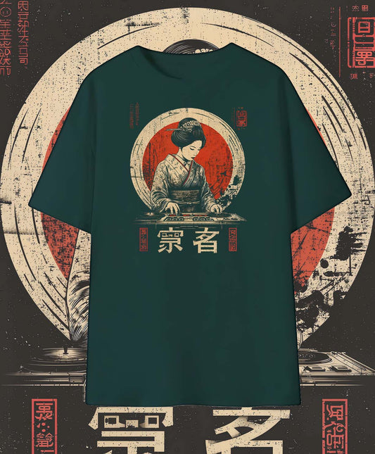 Japanese Geisha DJ T-Shirt – Retro Streetwear Graphic Tee with Music & Tokyo Vibes