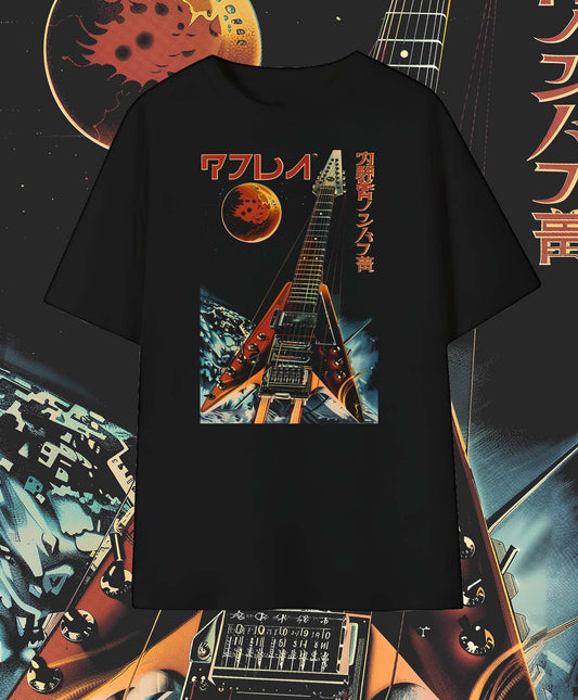 Japanese Space Guitar T-Shirt – Electric Guitar & Outer Space Graphic Tee with Cosmic Style