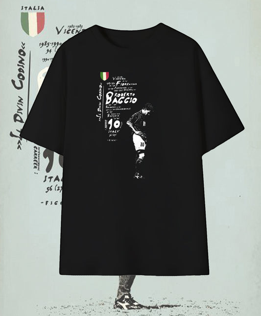 Retro Roberto Baggio Football Poster T-Shirt – Vintage Soccer Legend Graphic Tee Italy Fiorentina Juventus Brescia