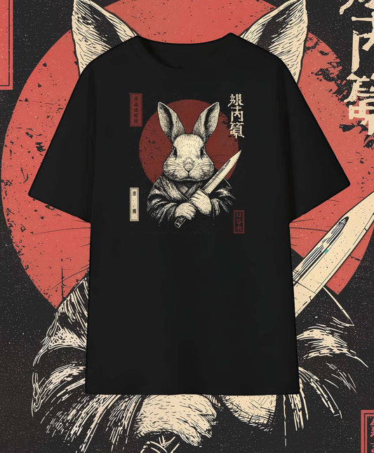 Retro Japanese Samurai Rabbit T-Shirt – Warrior Bunny Graphic Tee with Vintage Style
