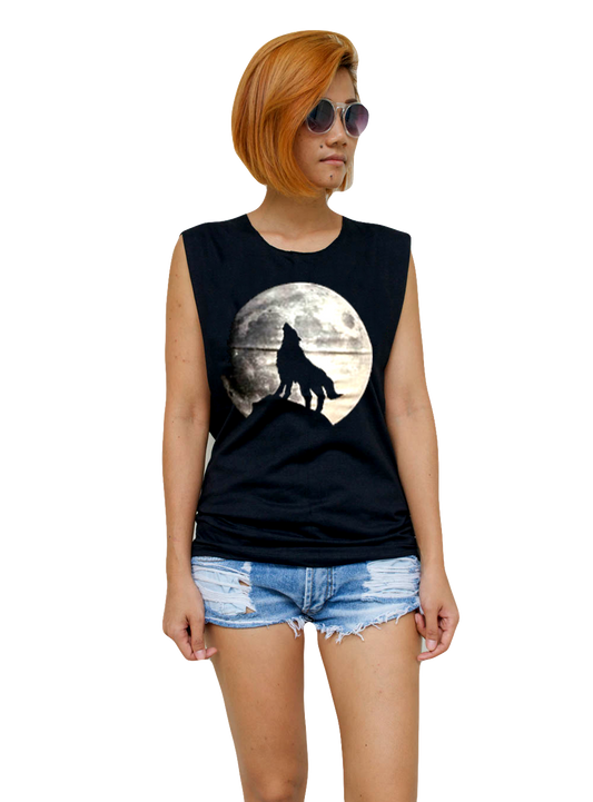 Ladies Wolf Moon Vest Tank-Top Singlet Sleeveless T-Shirt
