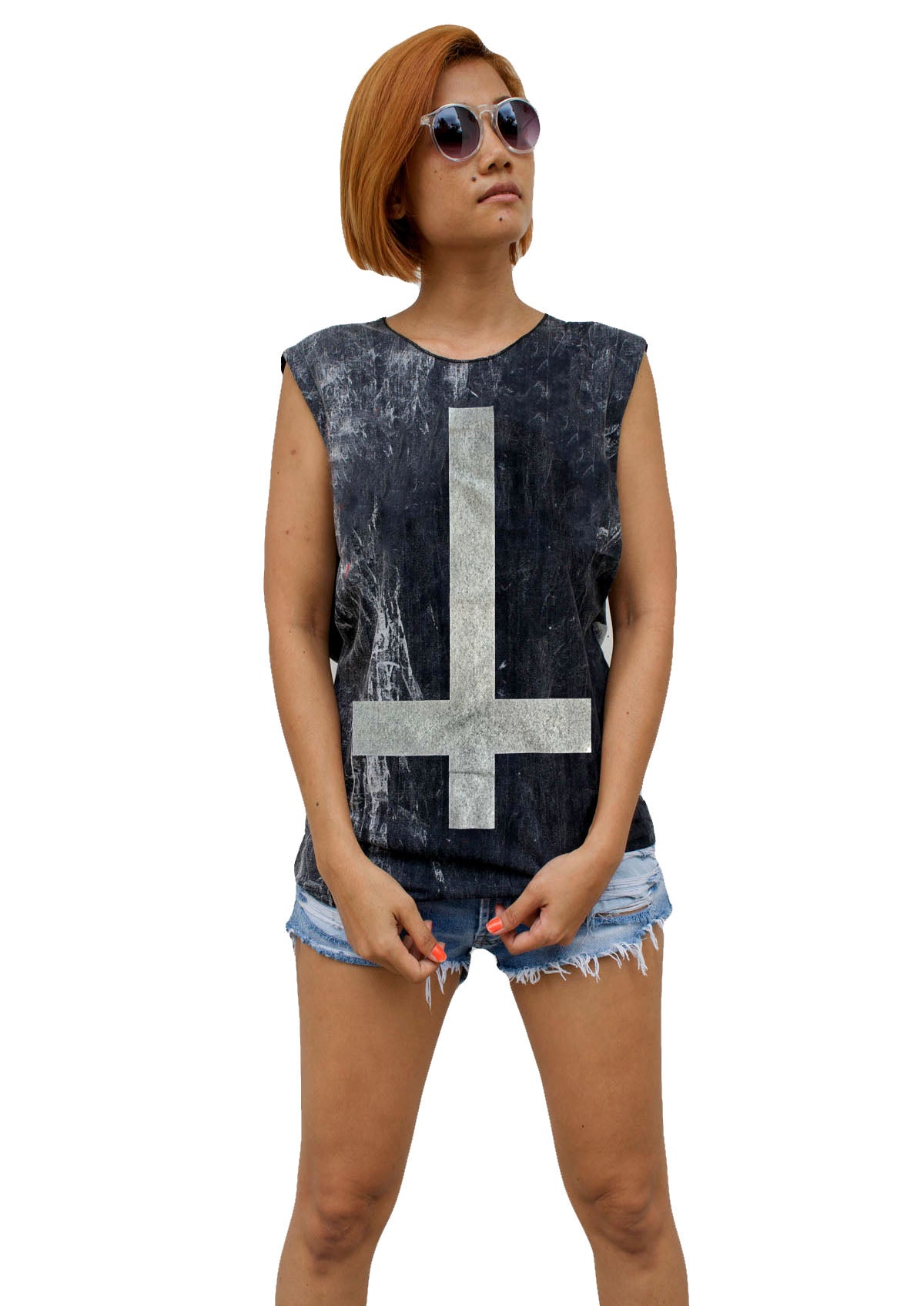 Ladies Inverted Cross Satan Vest Tank-Top Singlet Sleeveless T-Shirt